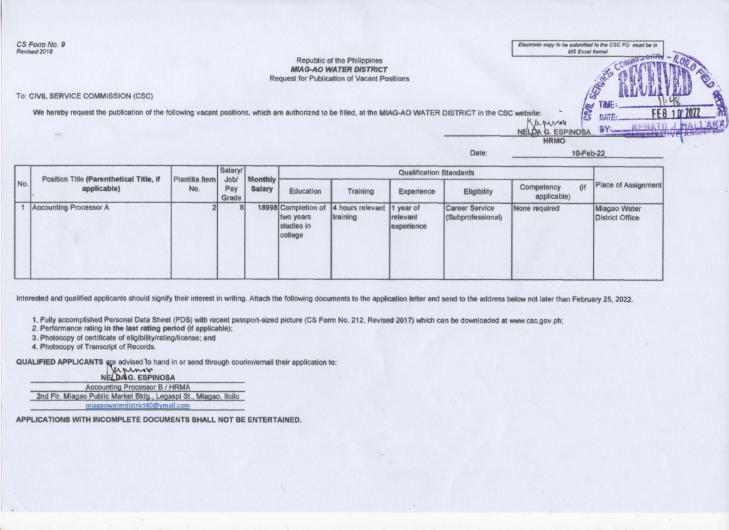 Publicatin of vacant position